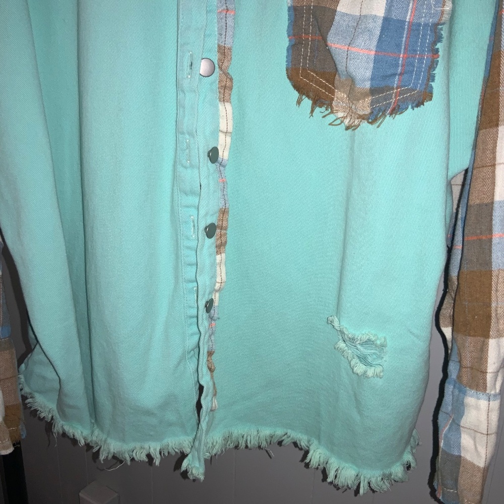 Pol Aqua Plaid Button Front Patchwork Shacket Sz … - image 2